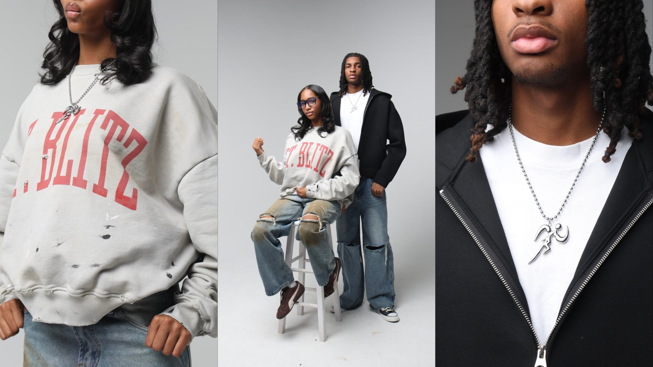 Three people wearing branded clothing with visible logos.